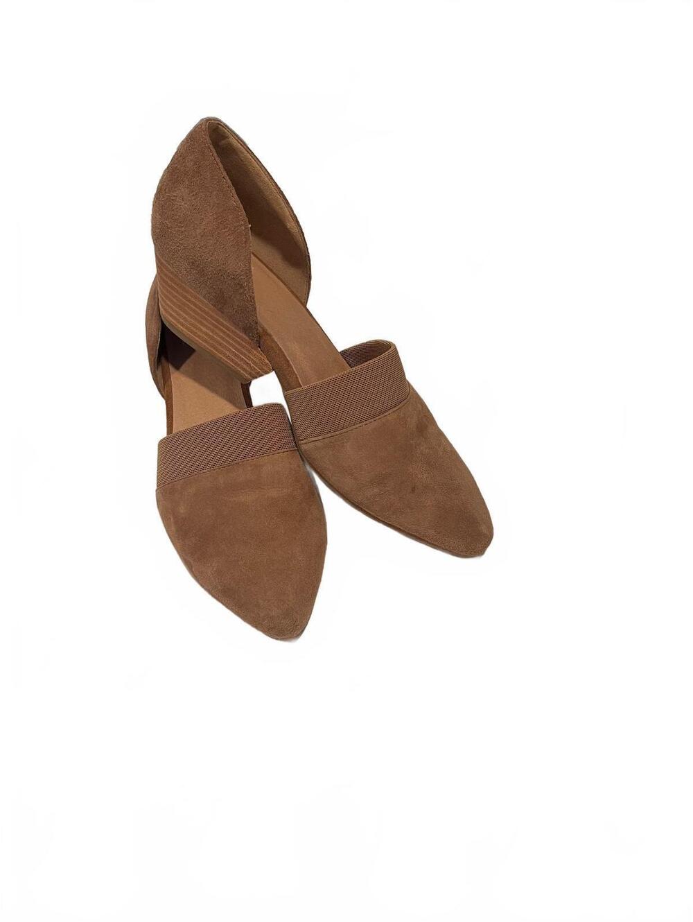 Eileen Fisher Brown Suede Pointed Toe D'Orsay Flats with Low Stacked Heel